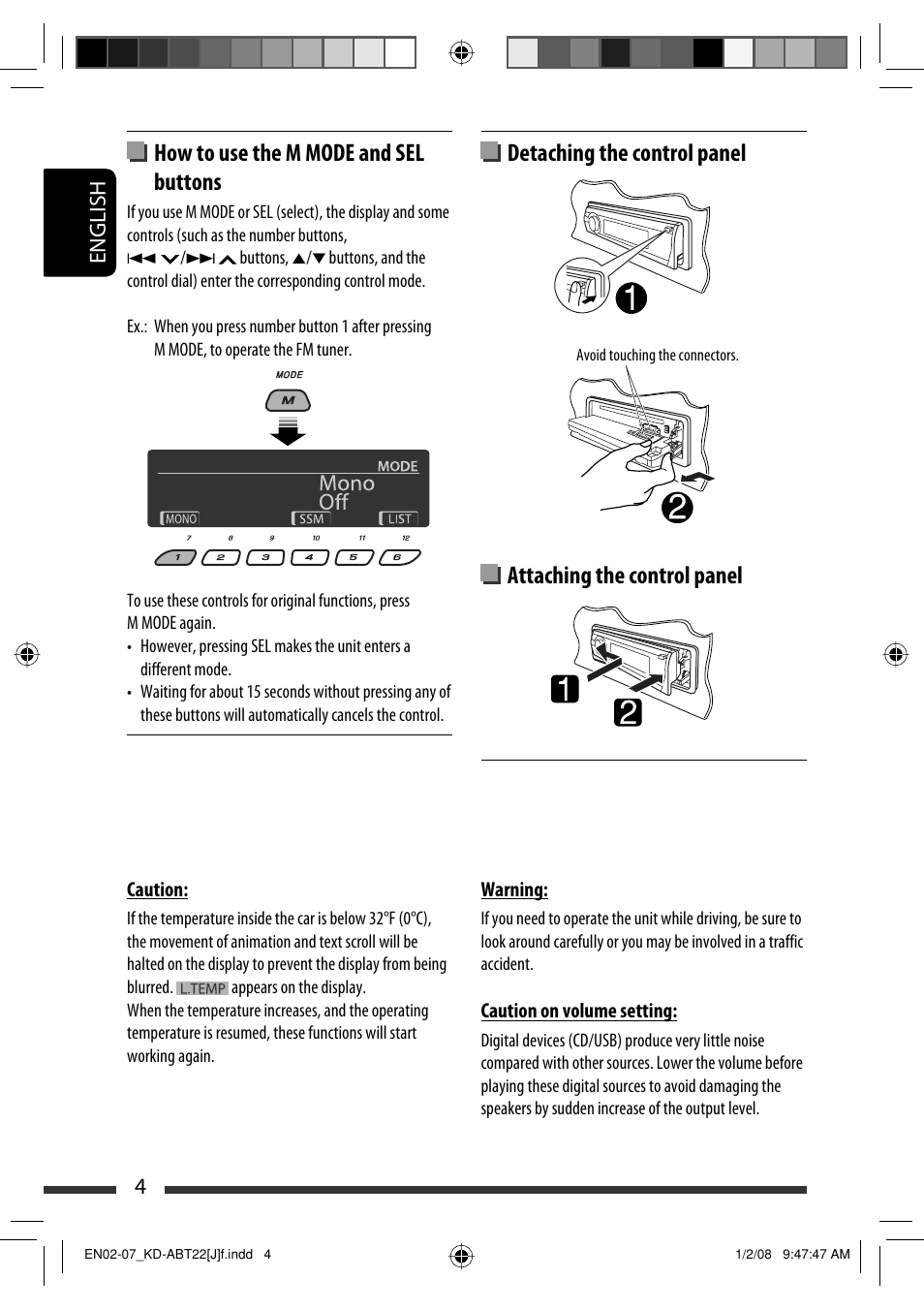 How to use the m mode and sel buttons, English 4 | JVC Model KD-ABT22J User Manual | Page 4 / 153