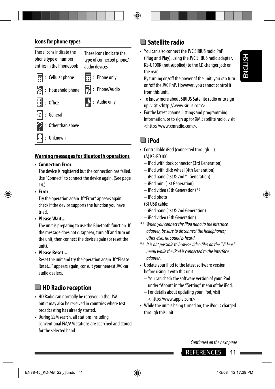 Hd radio reception, Satellite radio, Ipod | English 41 references | JVC Model KD-ABT22J User Manual | Page 41 / 153