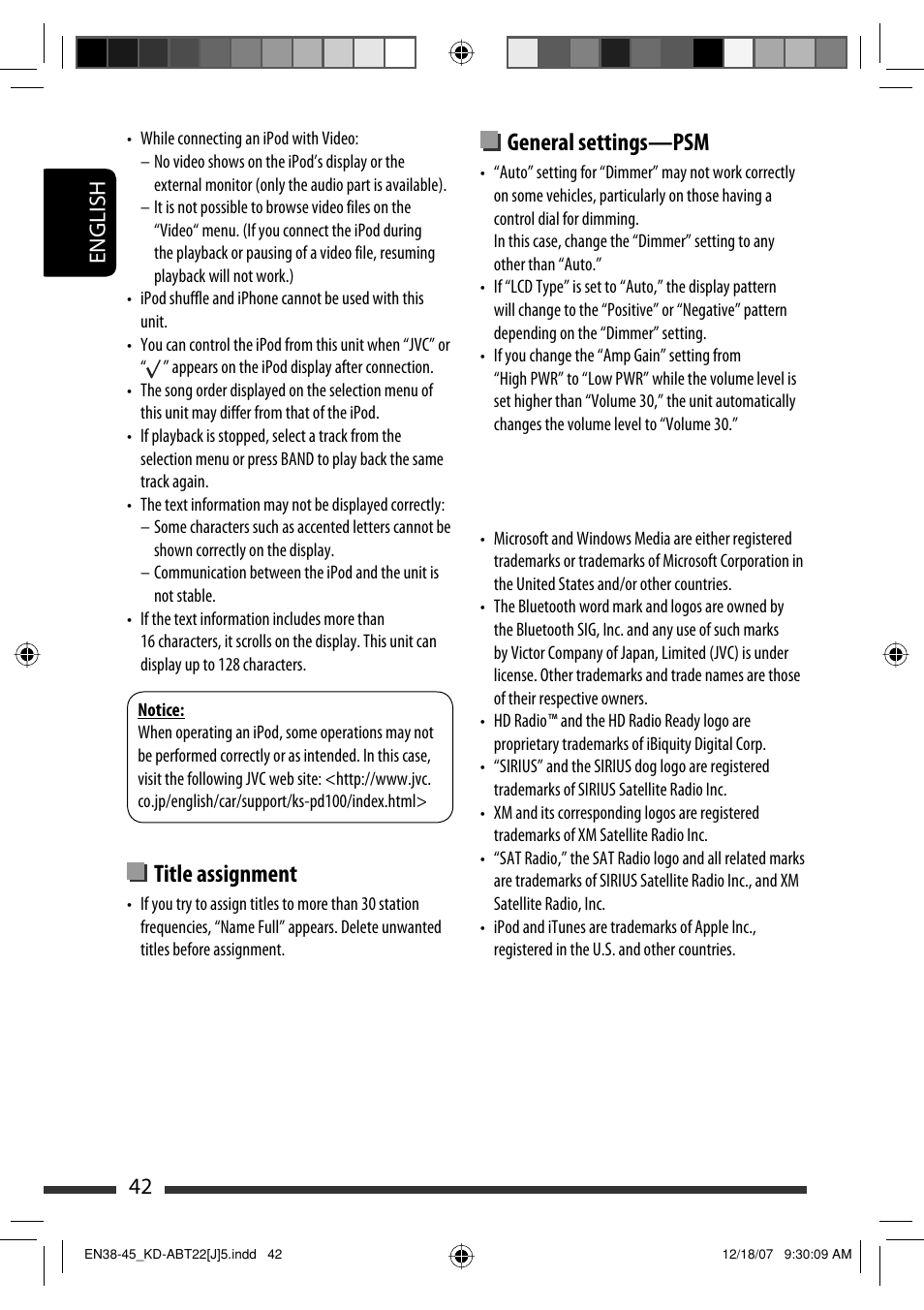 Title assignment, General settings—psm, English 42 | JVC Model KD-ABT22J User Manual | Page 42 / 153
