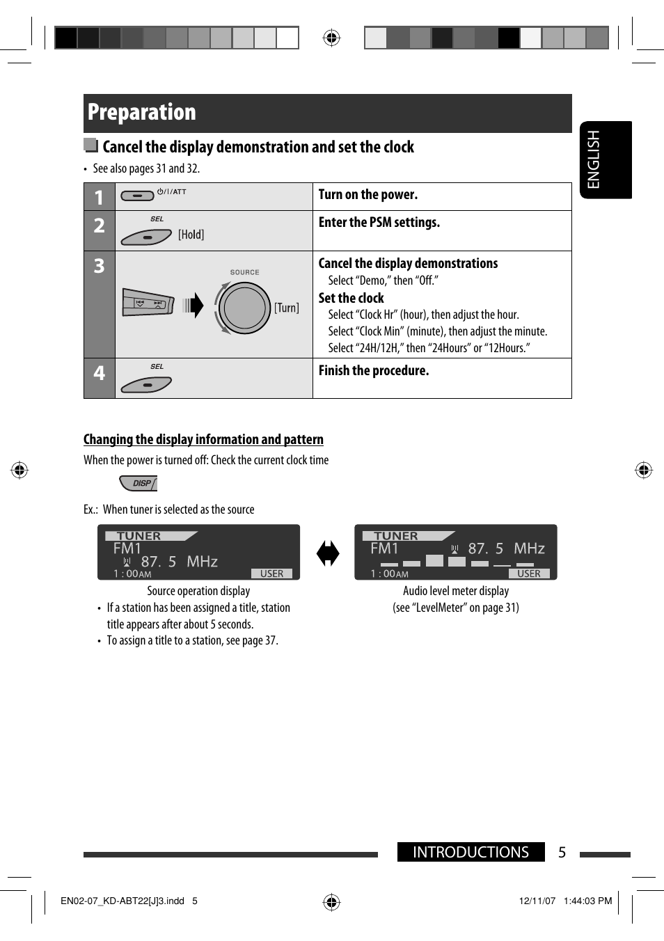 Preparation, Cancel the display demonstration and set the clock | JVC Model KD-ABT22J User Manual | Page 5 / 153