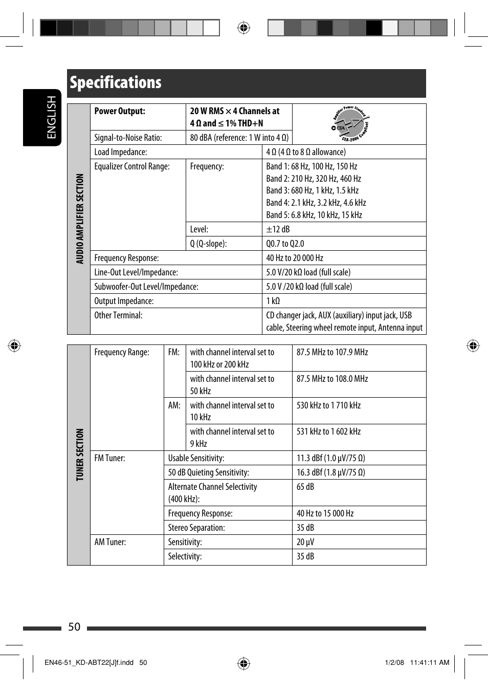 Specifications, English 50 | JVC Model KD-ABT22J User Manual | Page 50 / 153
