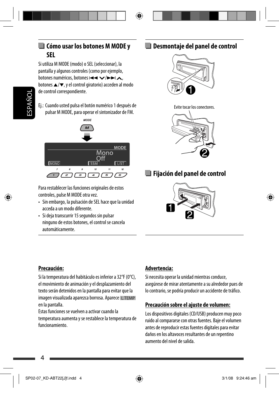 Cómo usar los botones m mode y sel, Español 4 | JVC Model KD-ABT22J User Manual | Page 54 / 153