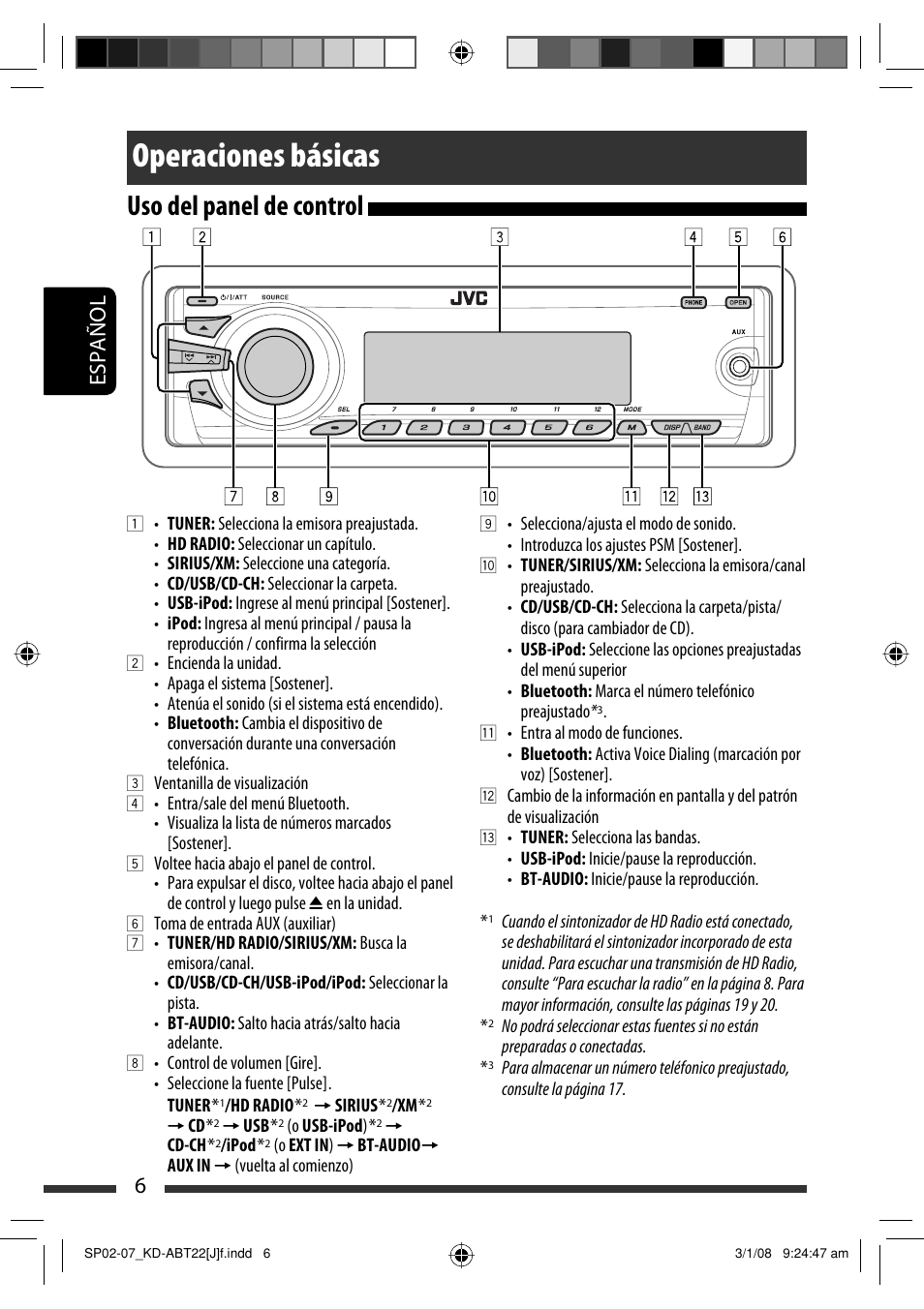 Operaciones básicas, Uso del panel de control, Español 6 | JVC Model KD-ABT22J User Manual | Page 56 / 153