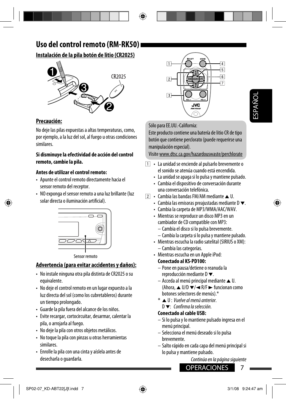 Uso del control remoto (rm-rk50), Español 7 operaciones | JVC Model KD-ABT22J User Manual | Page 57 / 153