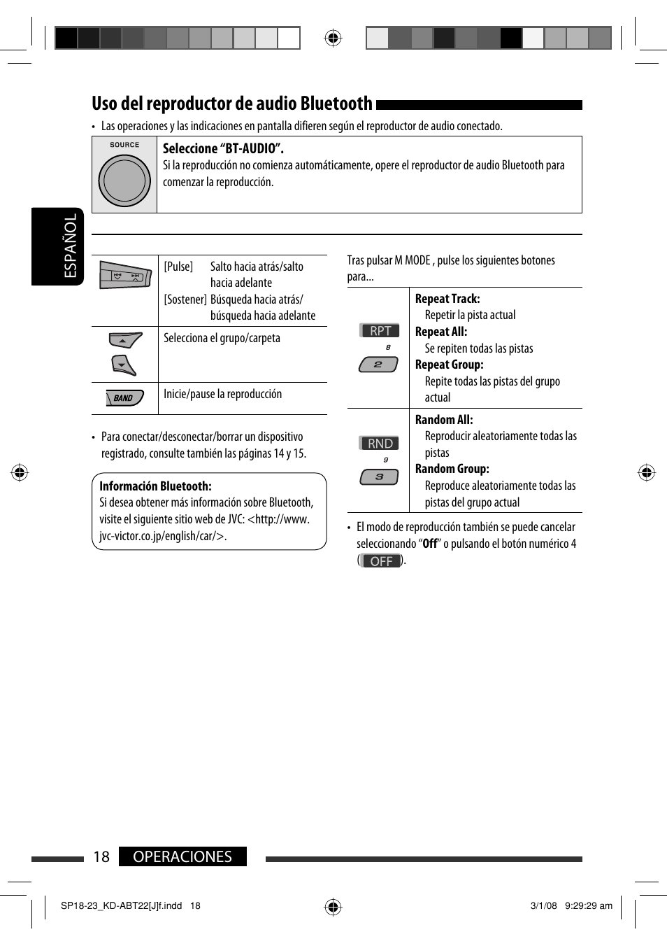Uso del reproductor de audio bluetooth, Español 18 operaciones | JVC Model KD-ABT22J User Manual | Page 68 / 153