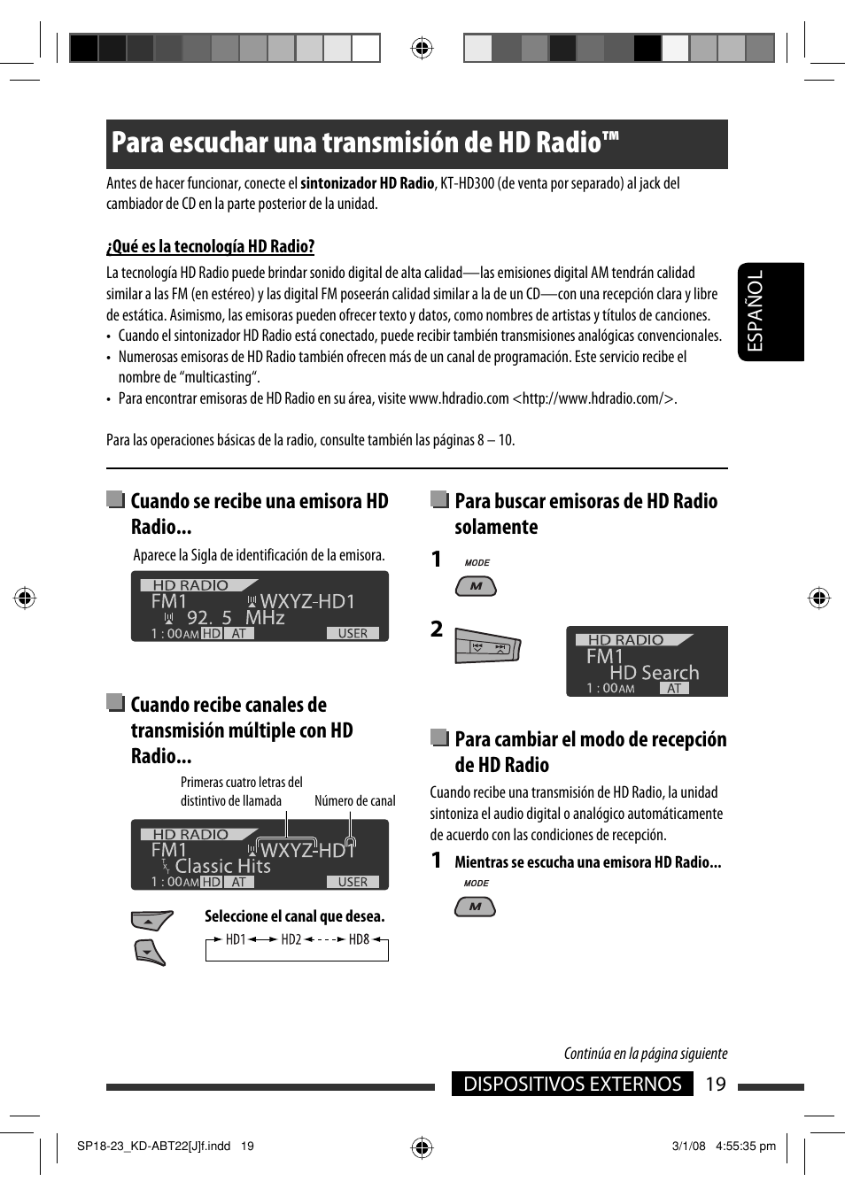 Para escuchar una transmisión de hd radio, Para buscar emisoras de hd radio solamente, Para cambiar el modo de recepción de hd radio | JVC Model KD-ABT22J User Manual | Page 69 / 153