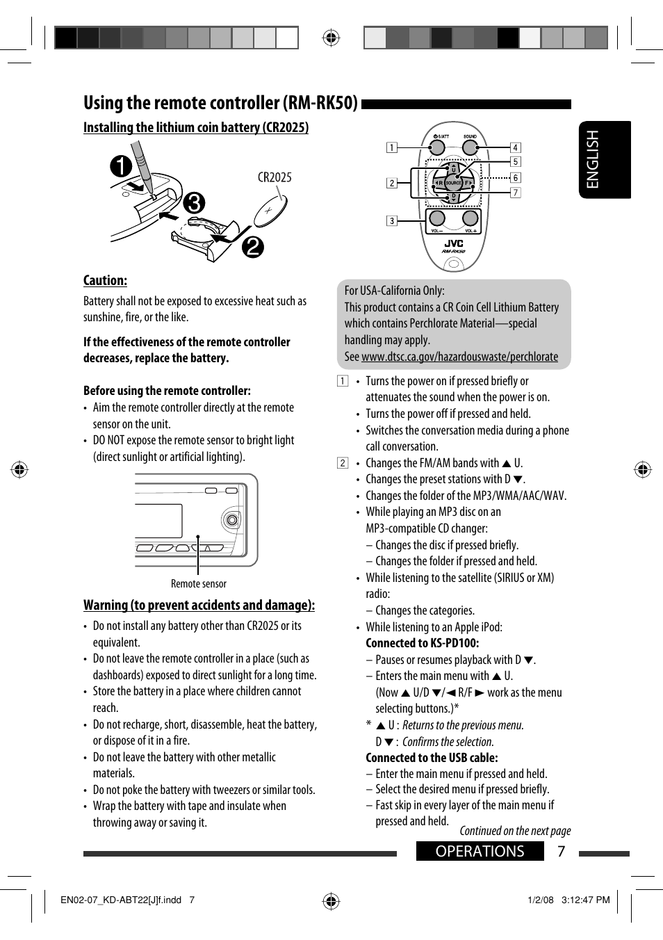 Using the remote controller (rm-rk50), English 7 operations | JVC Model KD-ABT22J User Manual | Page 7 / 153