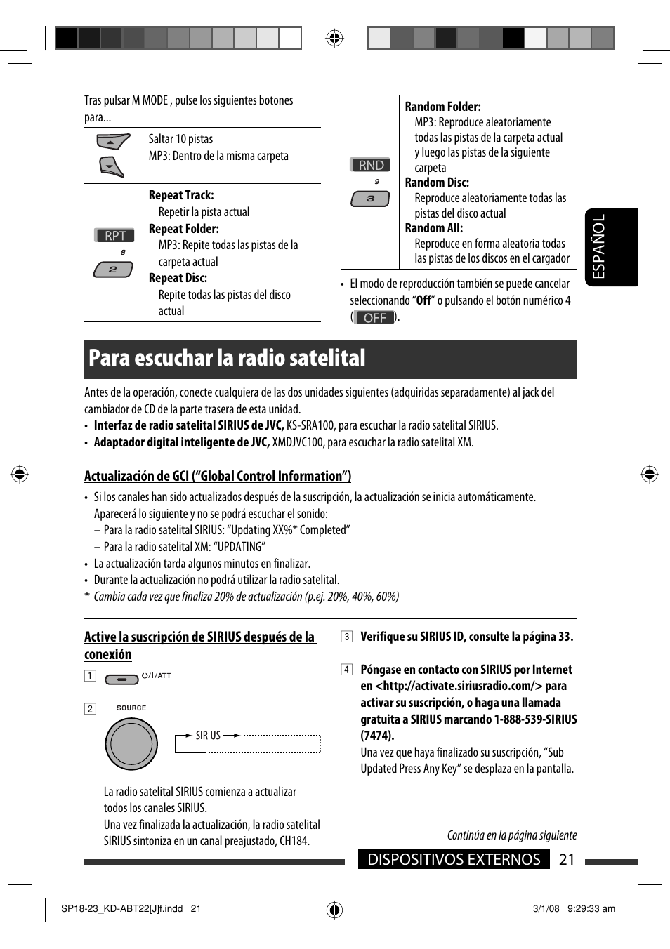 Para escuchar la radio satelital, Español 21 dispositivos externos | JVC Model KD-ABT22J User Manual | Page 71 / 153