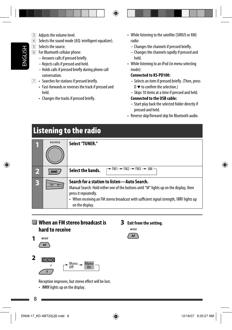 Listening to the radio, When an fm stereo broadcast is hard to receive | JVC Model KD-ABT22J User Manual | Page 8 / 153