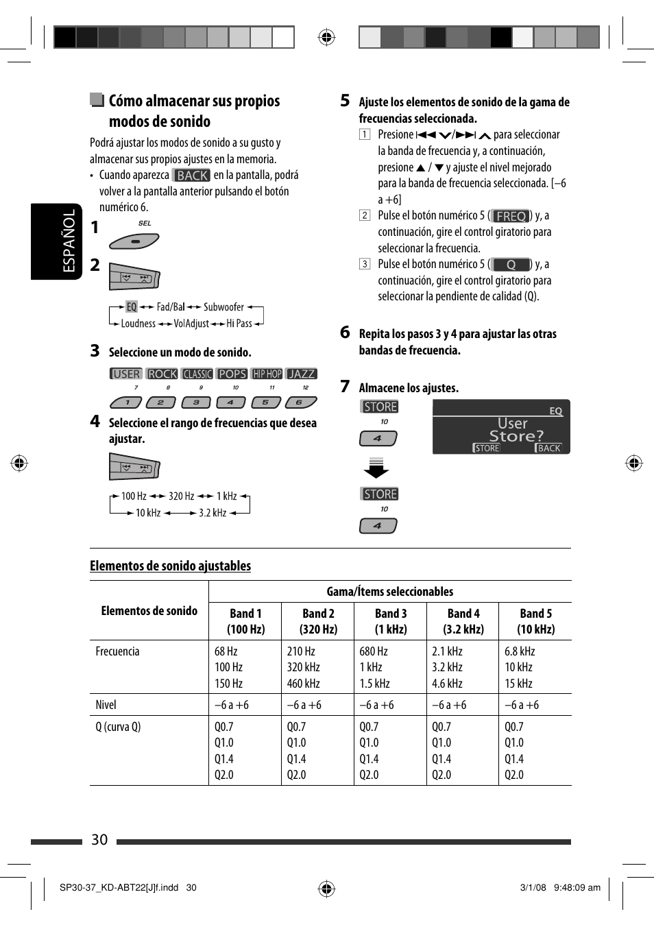 Cómo almacenar sus propios modos de sonido, Español 30 | JVC Model KD-ABT22J User Manual | Page 80 / 153
