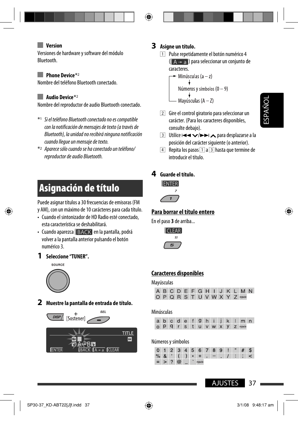 Asignación de título, Español 37 ajustes | JVC Model KD-ABT22J User Manual | Page 87 / 153
