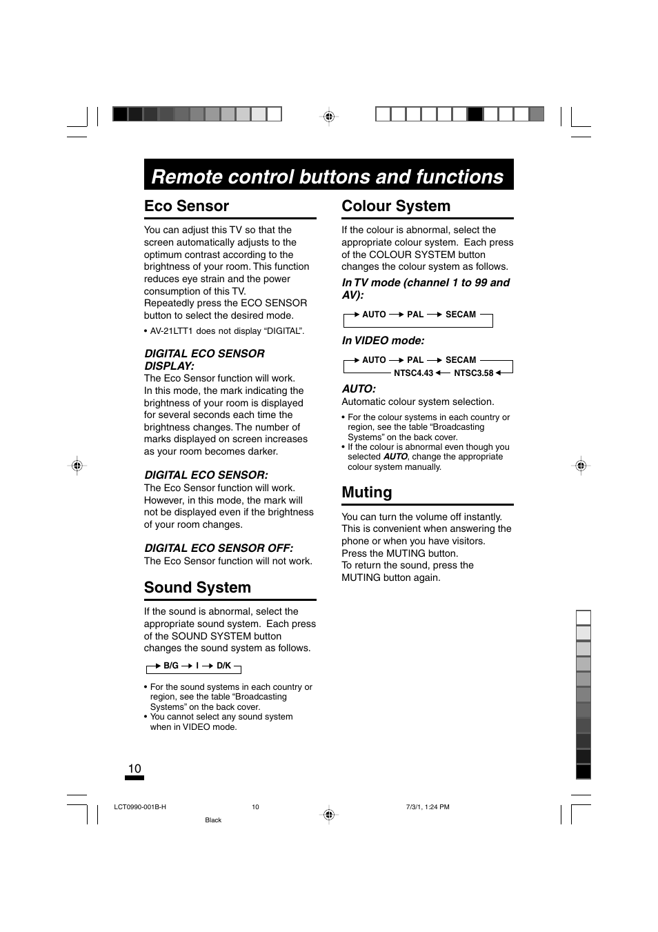 Remote control buttons and functions, Eco sensor, Sound system | Colour system, Muting | JVC AV-14FTT2 User Manual | Page 10 / 19