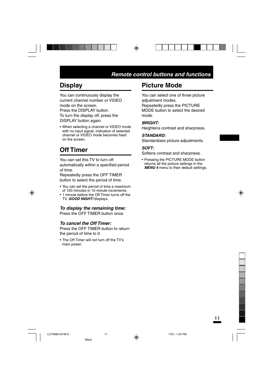 Display, Off timer, Picture mode | Remote control buttons and functions | JVC AV-14FTT2 User Manual | Page 11 / 19