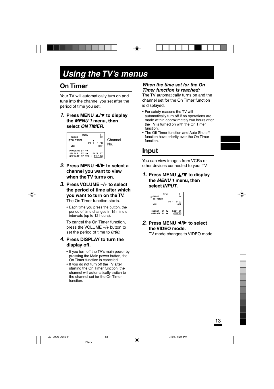 Using the tv’s menus, On timer, Input | JVC AV-14FTT2 User Manual | Page 13 / 19