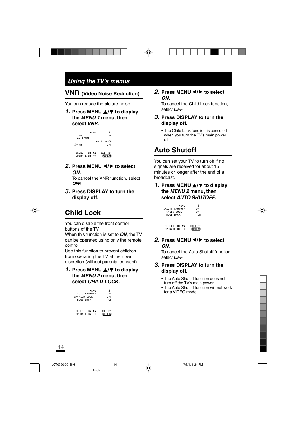 Child lock, Auto shutoff, Using the tv’s menus | JVC AV-14FTT2 User Manual | Page 14 / 19