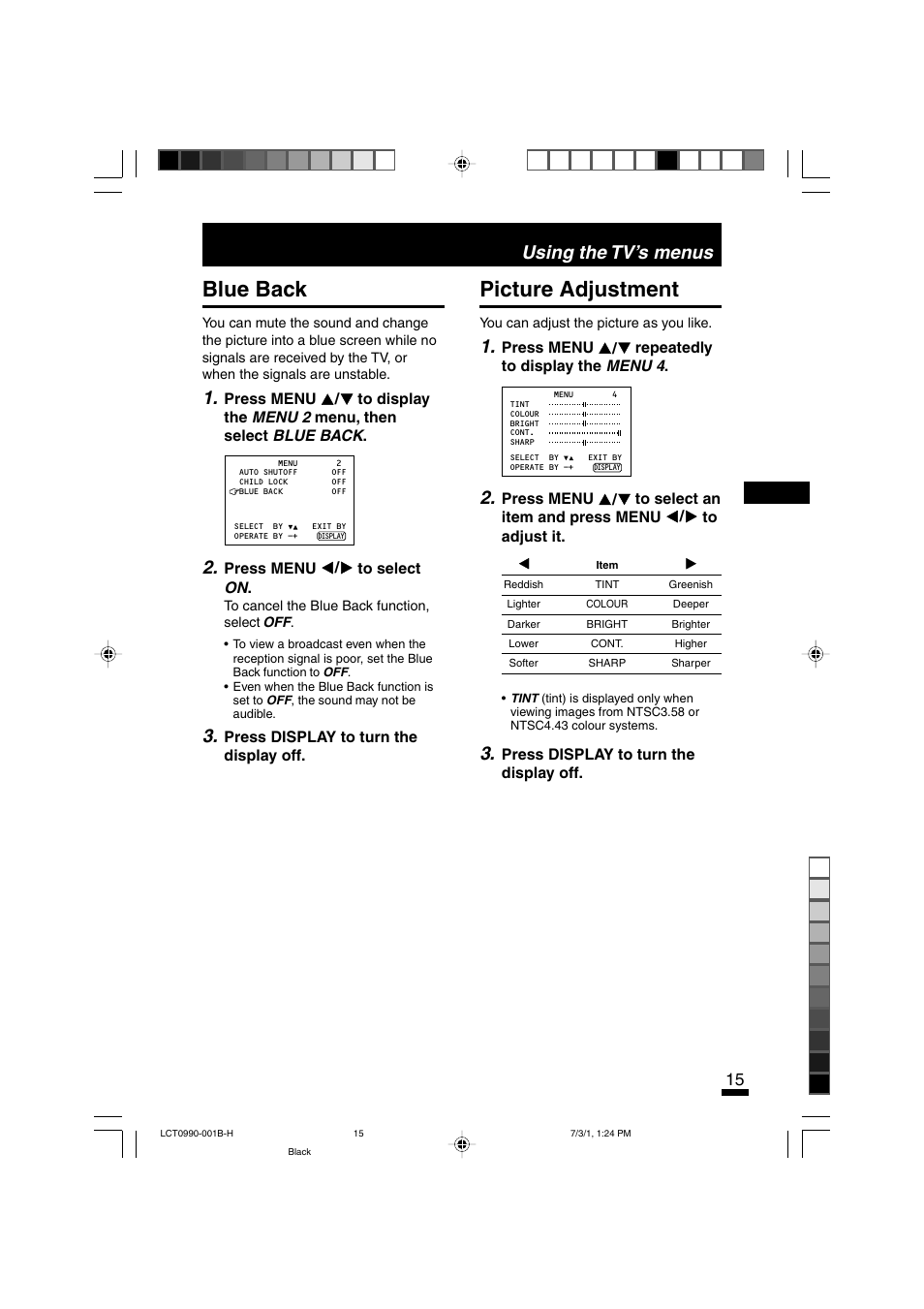 Blue back, Picture adjustment, Using the tv’s menus | JVC AV-14FTT2 User Manual | Page 15 / 19