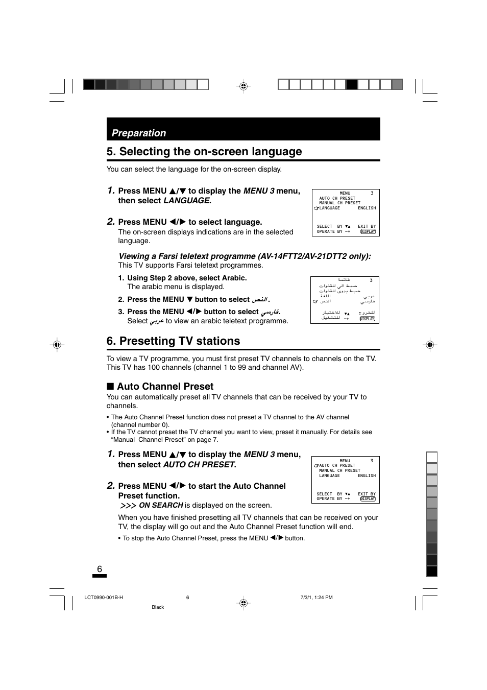 Selecting the on-screen language, Presetting tv stations, Auto channel preset | Preparation | JVC AV-14FTT2 User Manual | Page 6 / 19