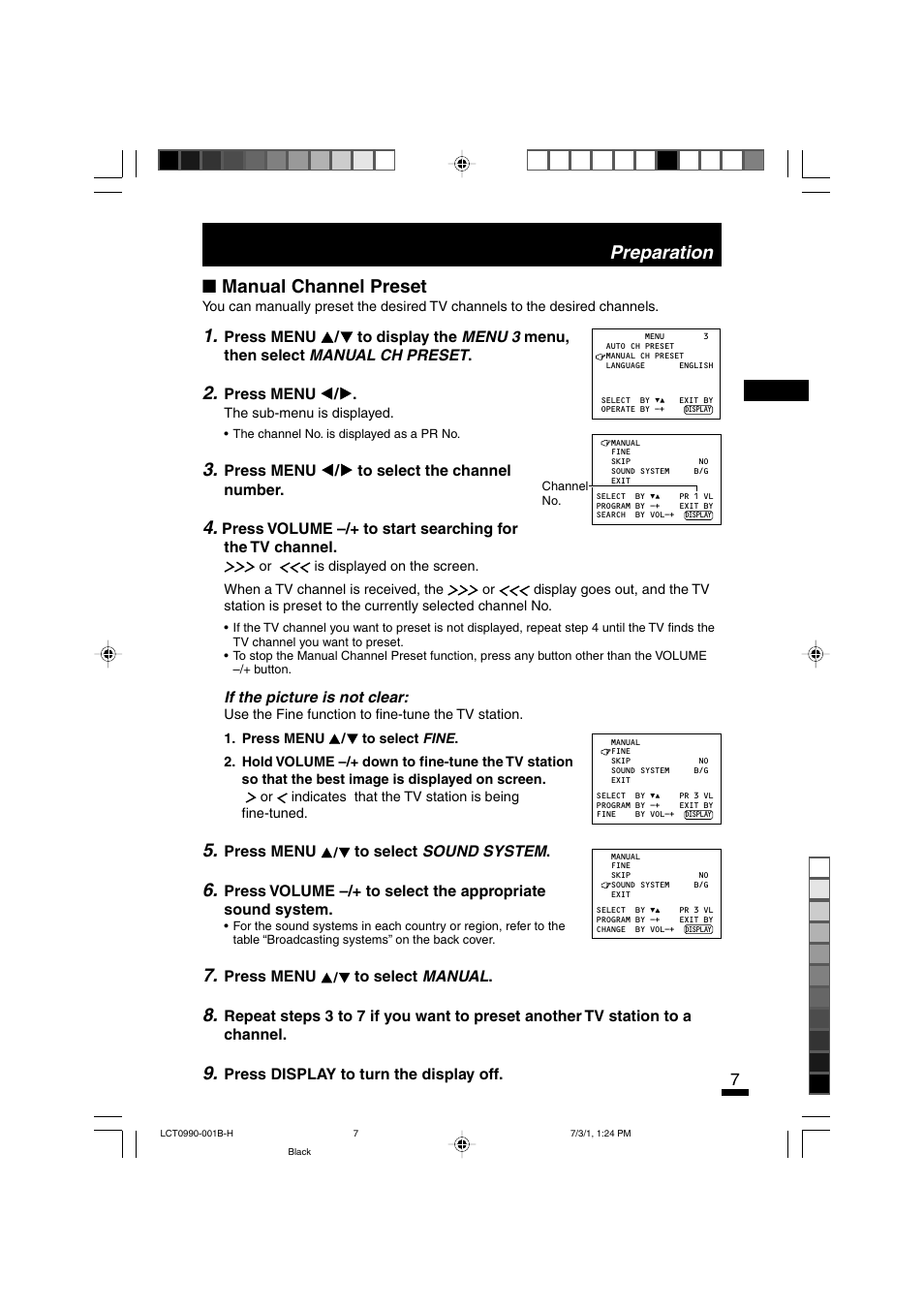 Manual channel preset, Preparation | JVC AV-14FTT2 User Manual | Page 7 / 19