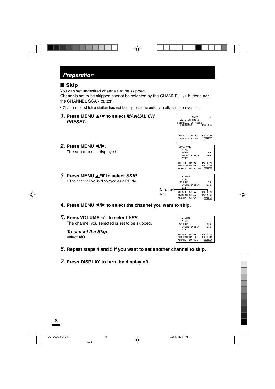 Skip, Preparation | JVC AV-14FTT2 User Manual | Page 8 / 19