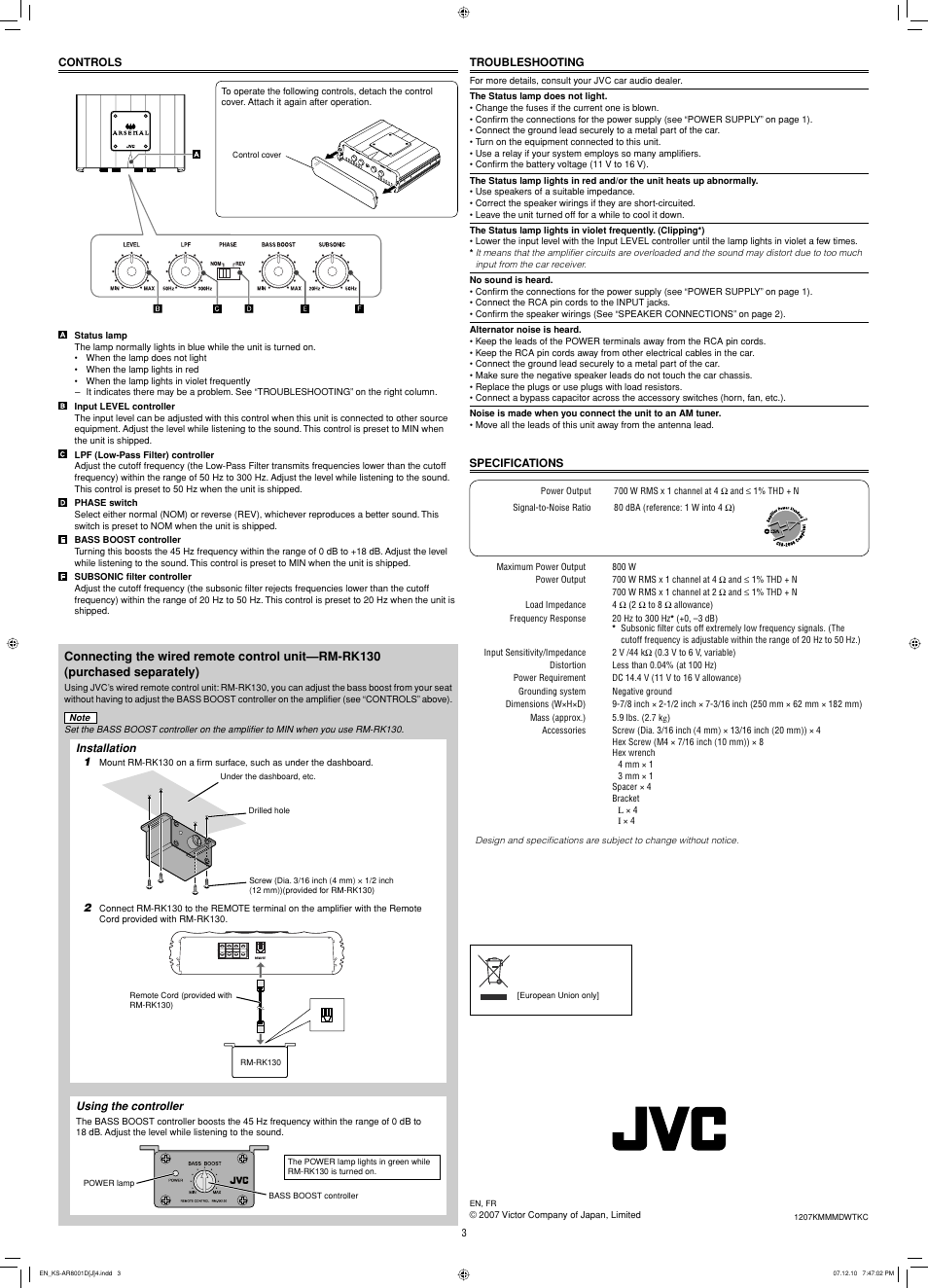 Controls, Troubleshooting, Specifications | JVC KS-AR8001D User Manual | Page 3 / 6