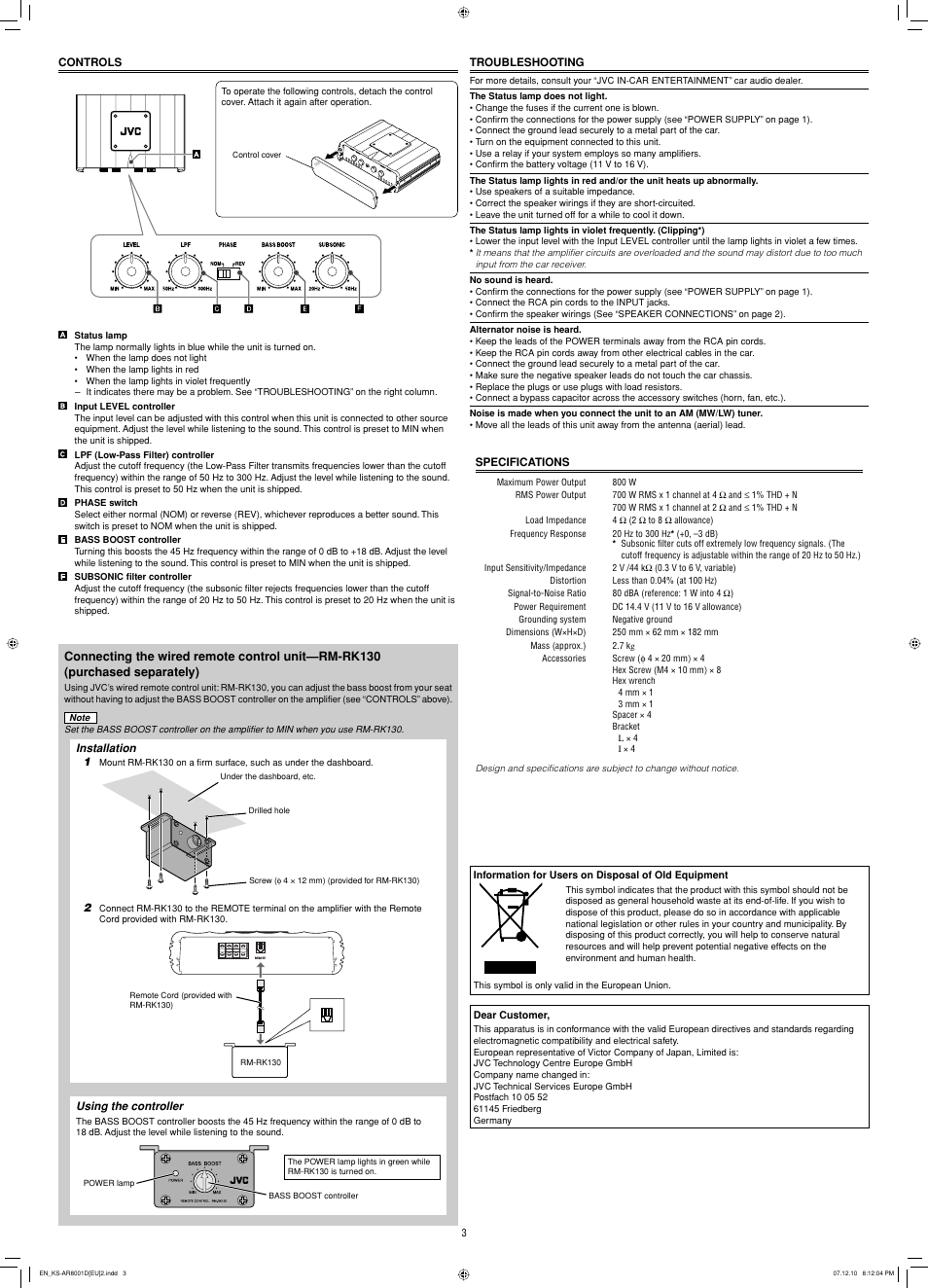 Controls, Troubleshooting, Specifications | JVC KS-AR8001D User Manual | Page 6 / 6