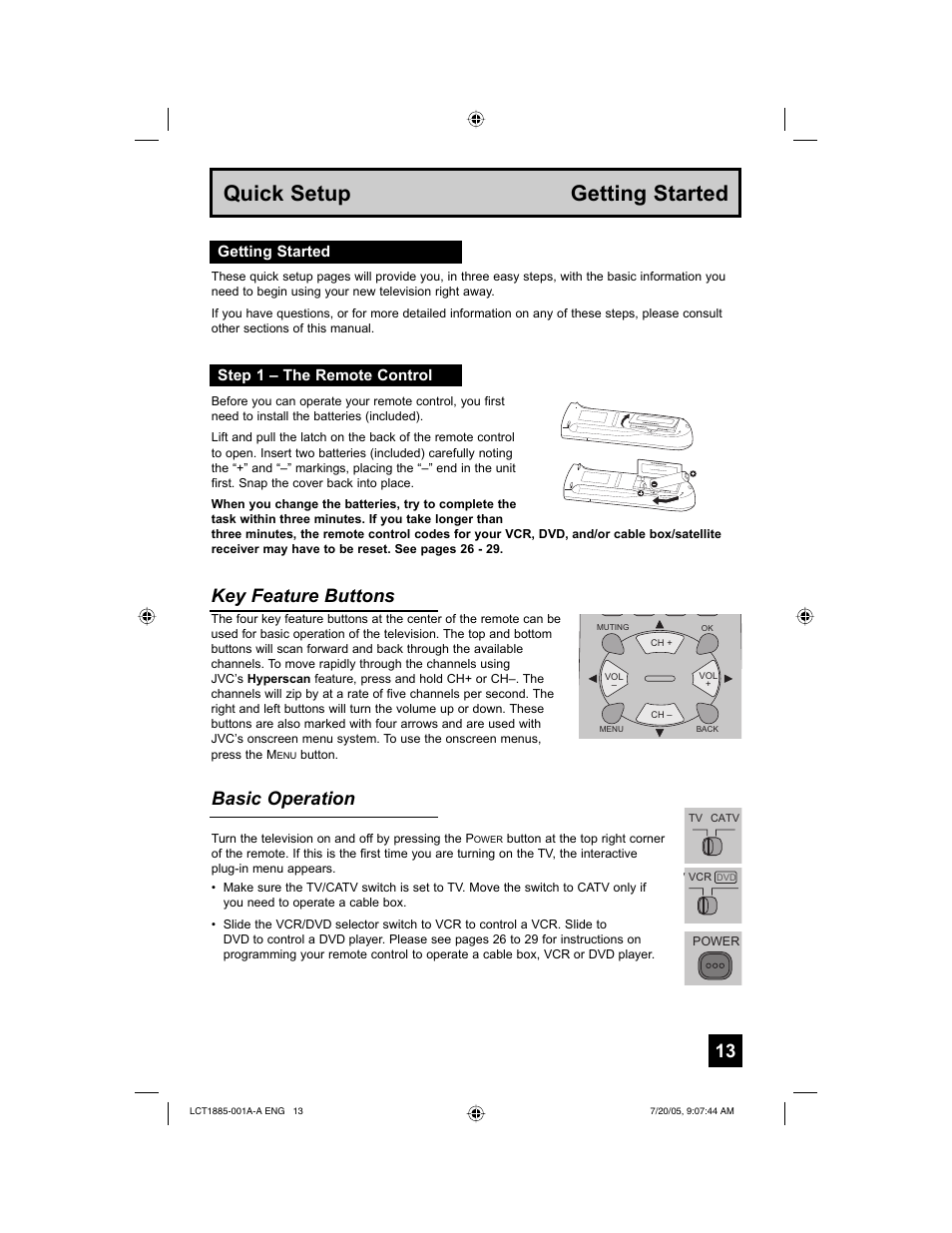 Quick setup getting started, Key feature buttons, Basic operation | Getting started step 1 – the remote control | JVC I'Art Pro LCT1885-001A-A User Manual | Page 13 / 80