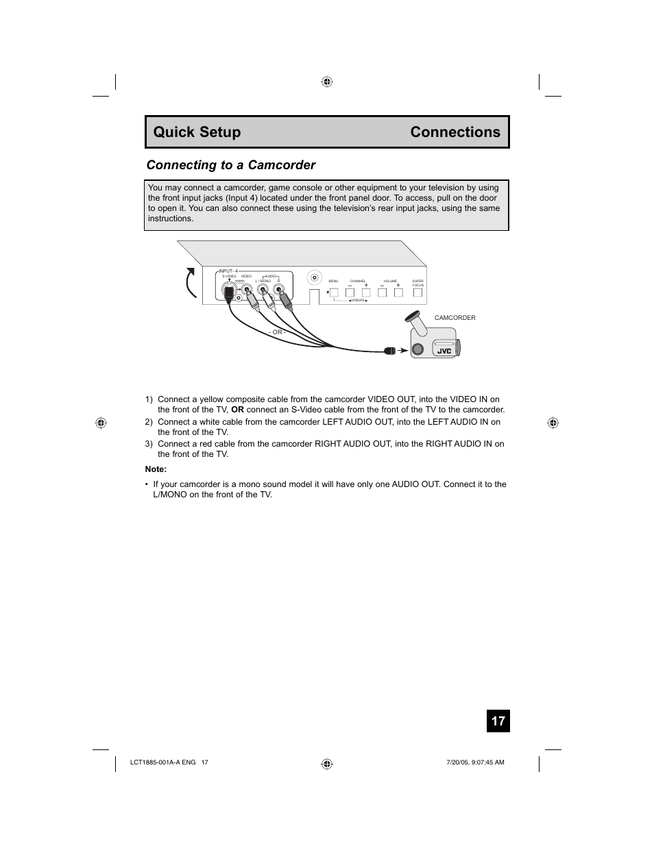 Quick setup connections, Connecting to a camcorder | JVC I'Art Pro LCT1885-001A-A User Manual | Page 17 / 80