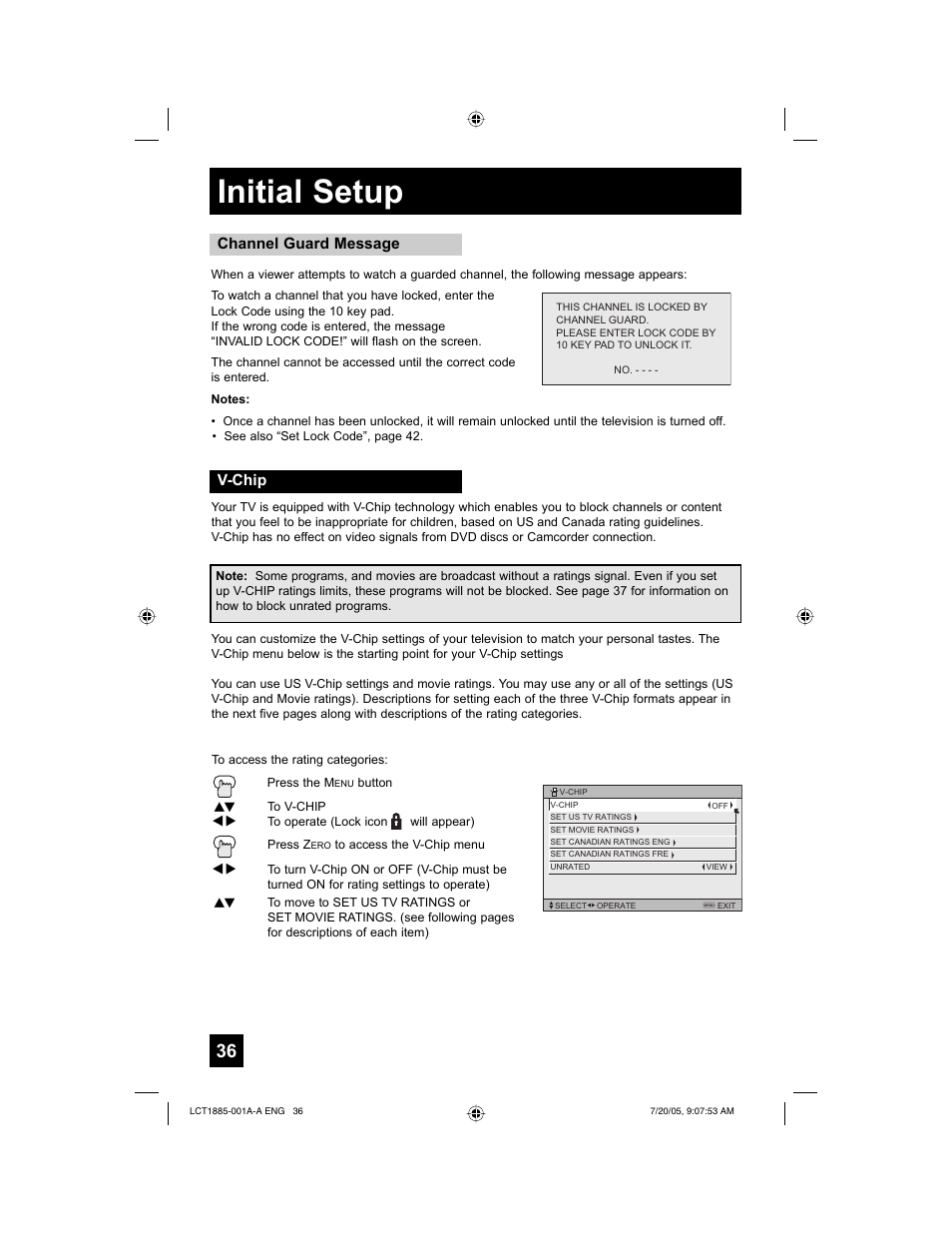 Initial setup, Channel guard message v-chip | JVC I'Art Pro LCT1885-001A-A User Manual | Page 36 / 80