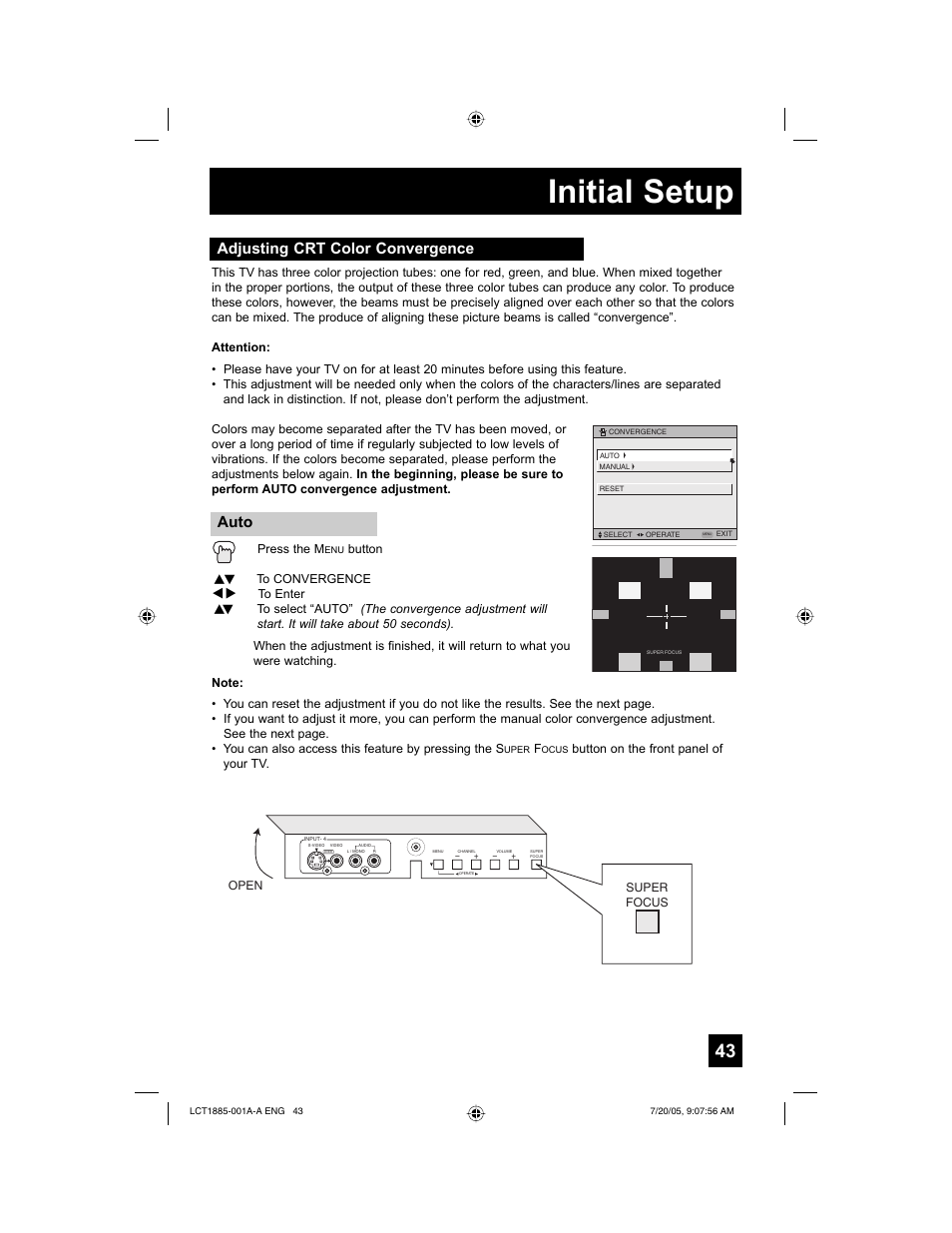 Initial setup, Adjusting crt color convergence auto | JVC I'Art Pro LCT1885-001A-A User Manual | Page 43 / 80