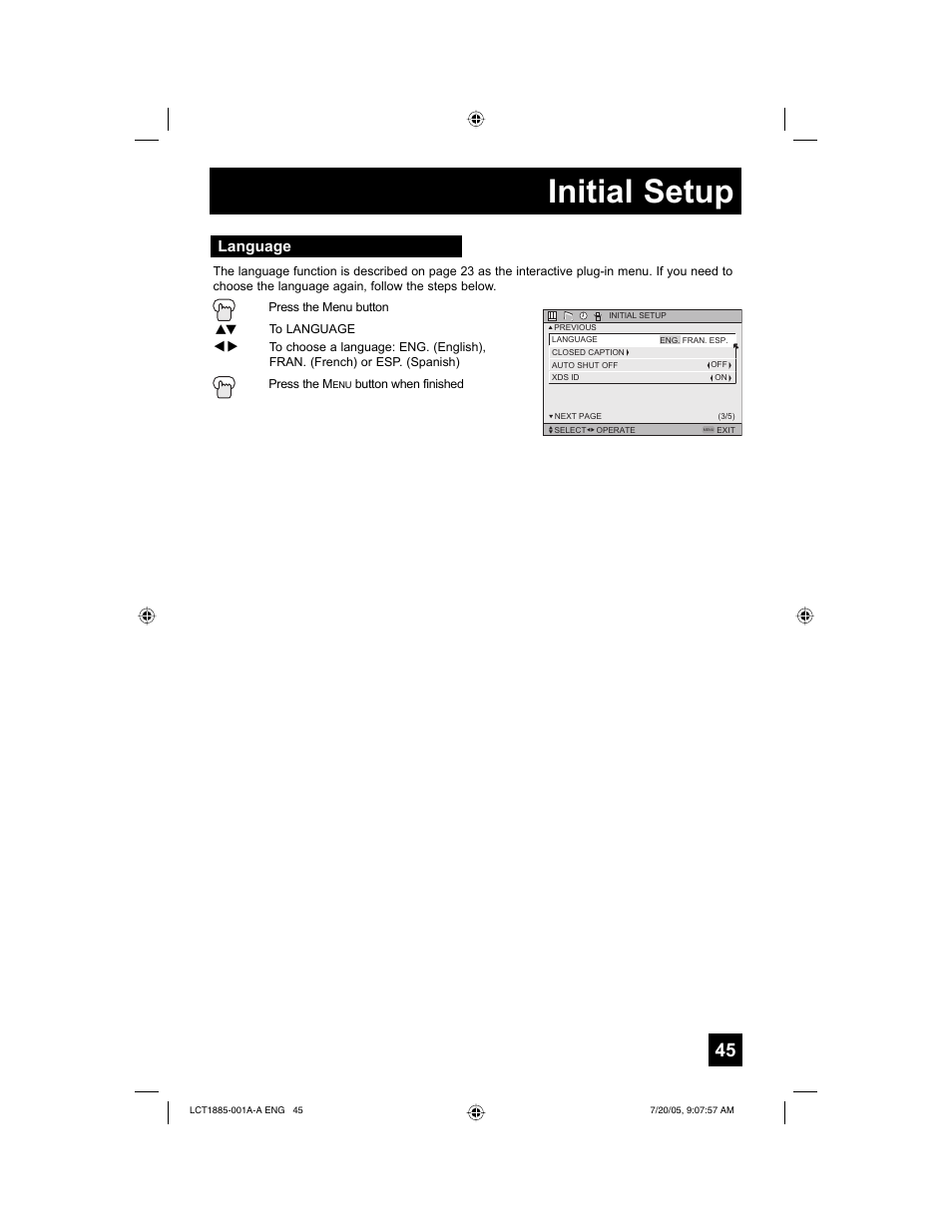 Initial setup, Language | JVC I'Art Pro LCT1885-001A-A User Manual | Page 45 / 80