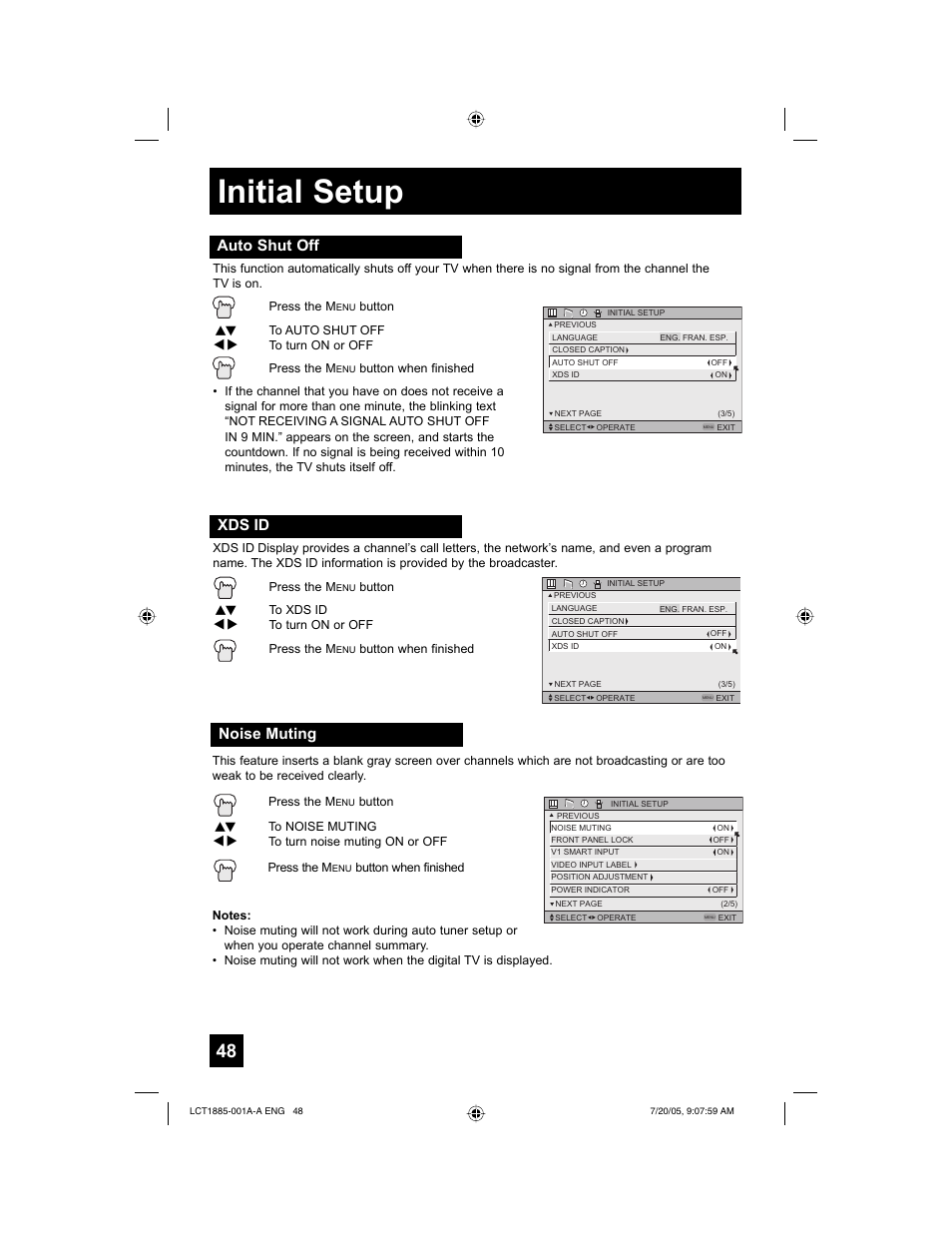 Initial setup, Auto shut off, Xds id | Noise muting | JVC I'Art Pro LCT1885-001A-A User Manual | Page 48 / 80