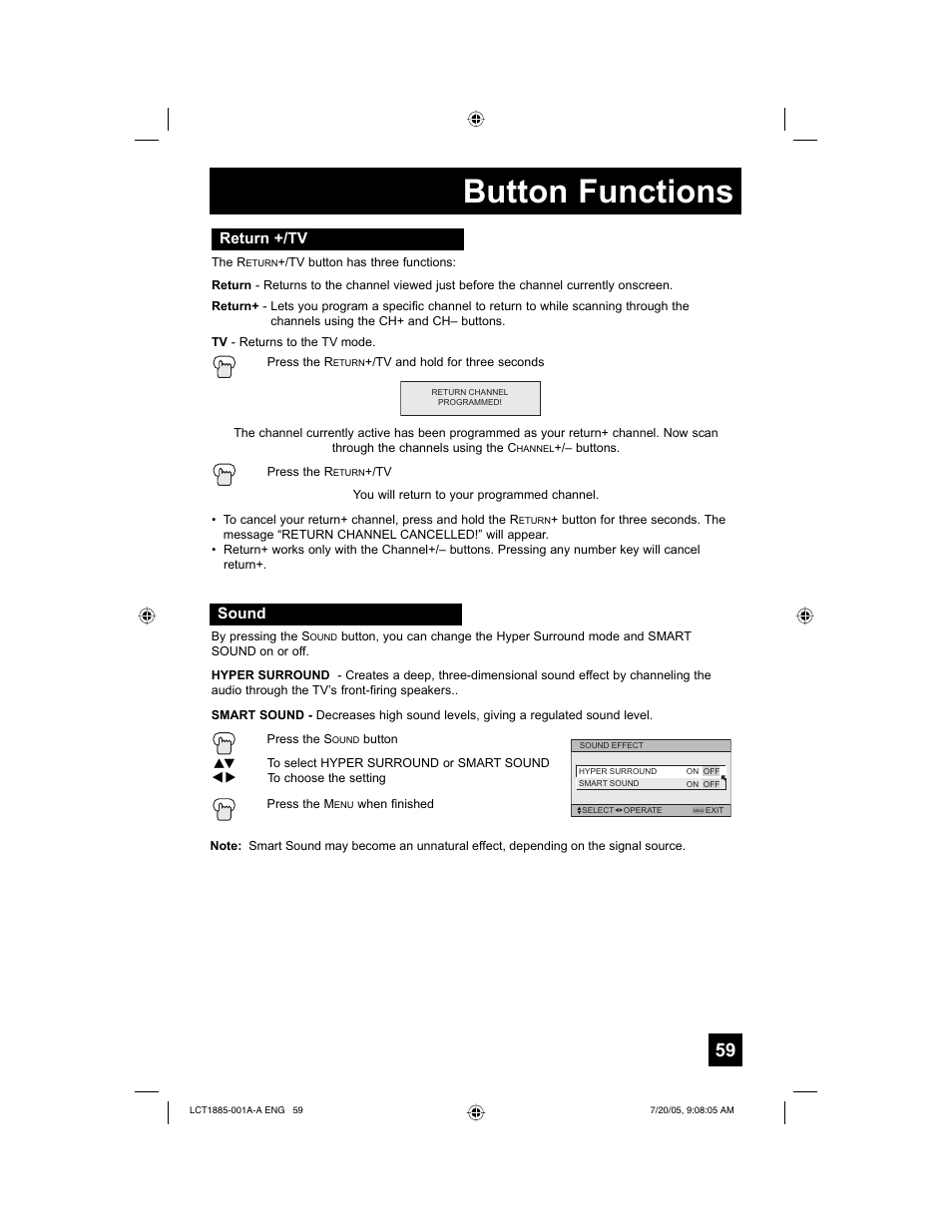 Button functions, Sound, Return +/tv | JVC I'Art Pro LCT1885-001A-A User Manual | Page 59 / 80