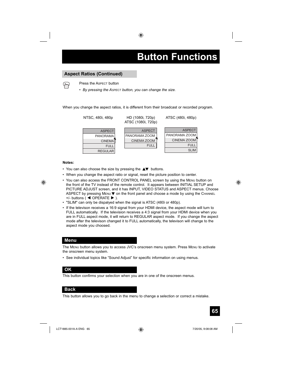 Button functions | JVC I'Art Pro LCT1885-001A-A User Manual | Page 65 / 80