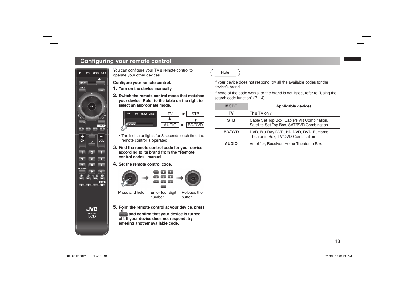 Confi guring your remote control | JVC GGT0312-002A-H User Manual | Page 13 / 20