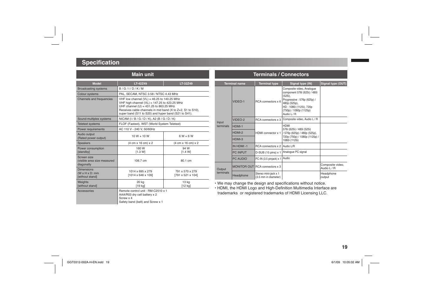 Specification, Specifi cation, Main unit terminals / connectors | JVC GGT0312-002A-H User Manual | Page 19 / 20