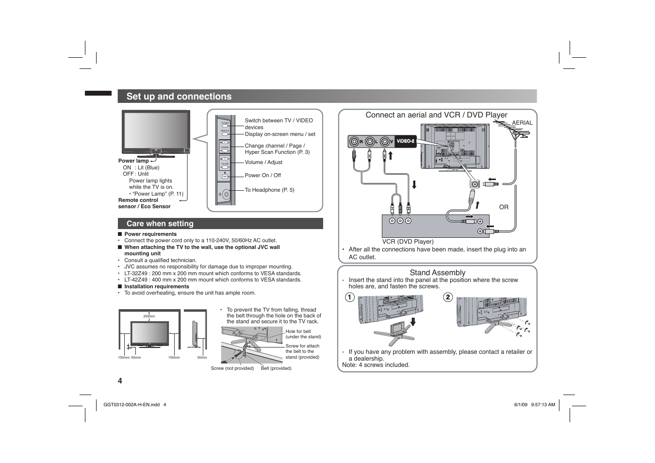 Set up and connections, Care when setting, Connect an aerial and vcr / dvd player | Stand assembly | JVC GGT0312-002A-H User Manual | Page 4 / 20