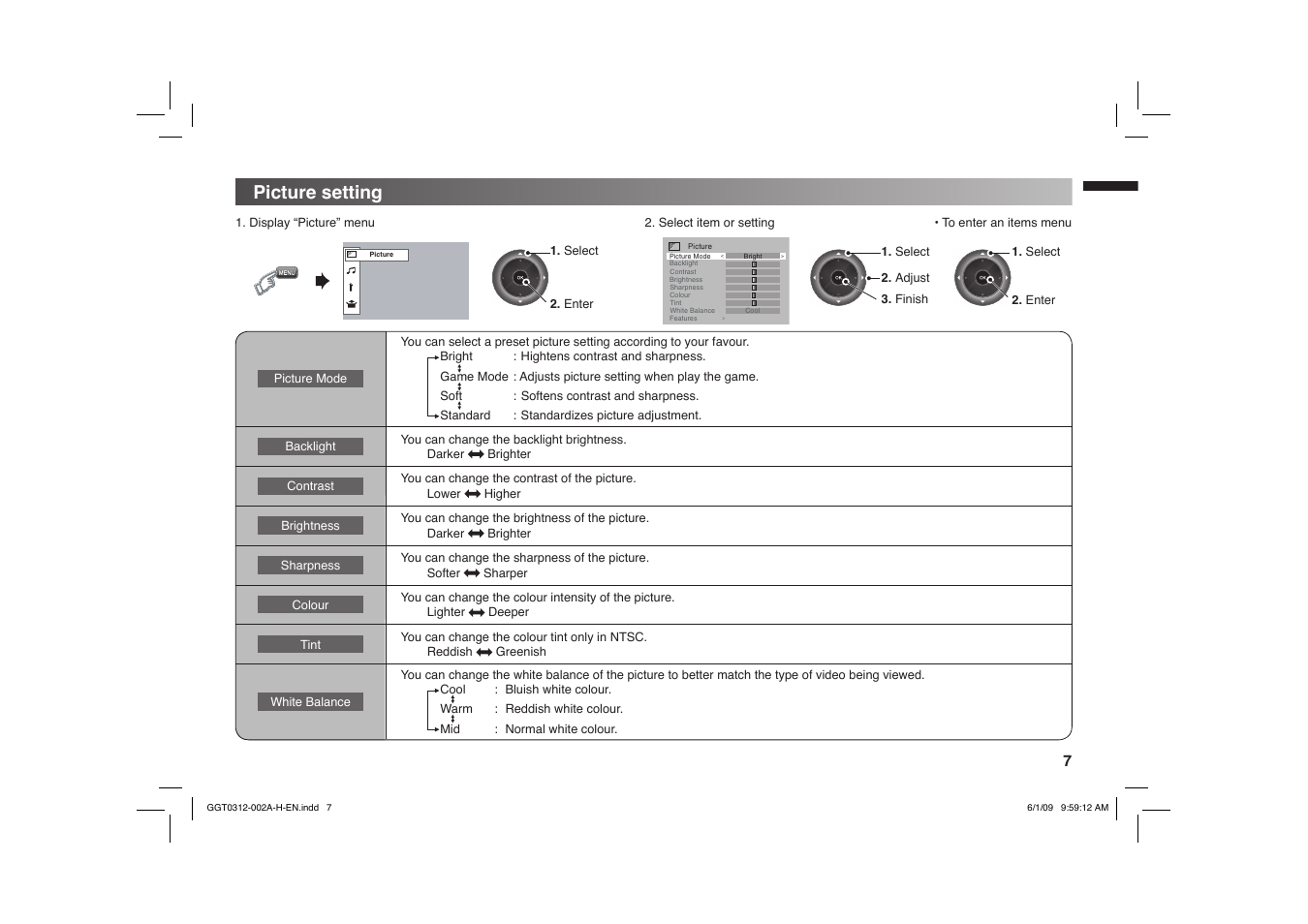 Picture setting | JVC GGT0312-002A-H User Manual | Page 7 / 20