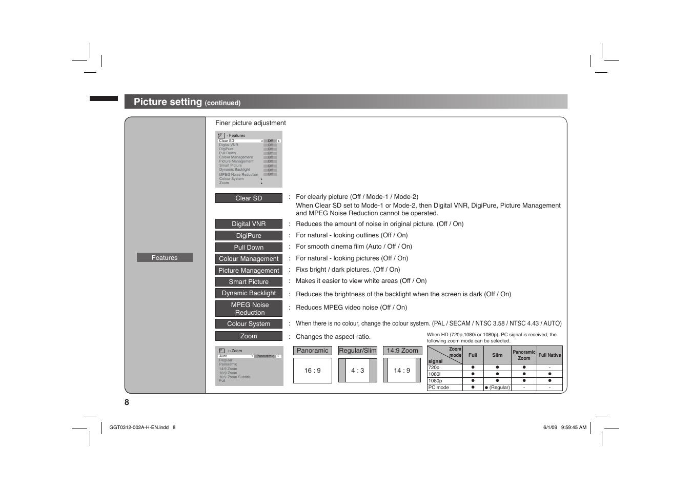 Picture setting | JVC GGT0312-002A-H User Manual | Page 8 / 20