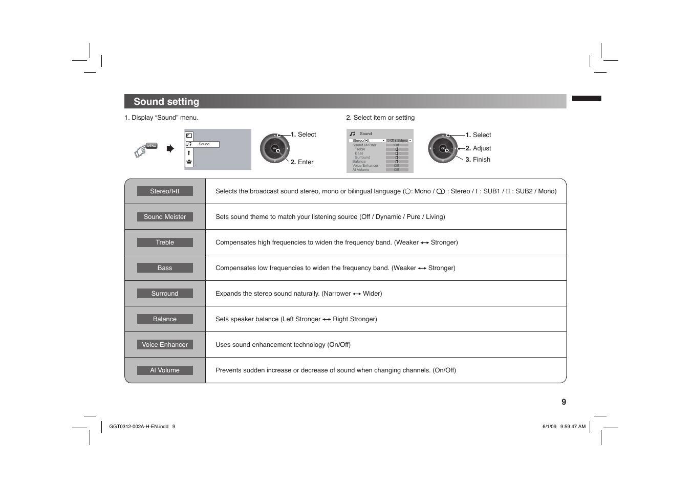 Sound setting | JVC GGT0312-002A-H User Manual | Page 9 / 20