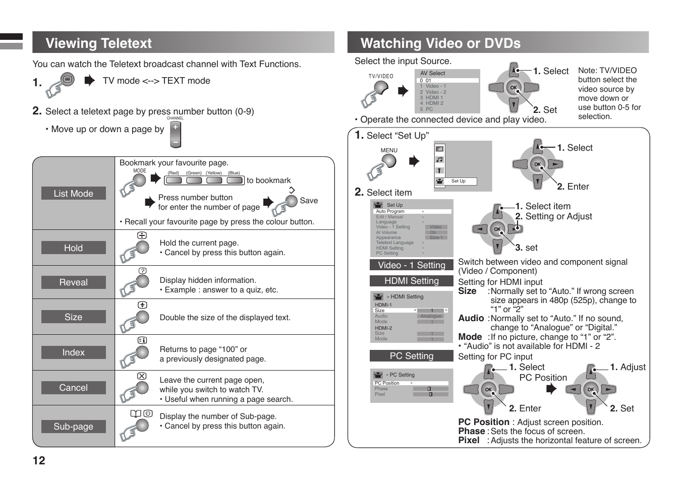 Viewing teletext, Watching video or dvds, Viewing teletext watching video or dvds | JVC GGT0213-002A-H User Manual | Page 12 / 16