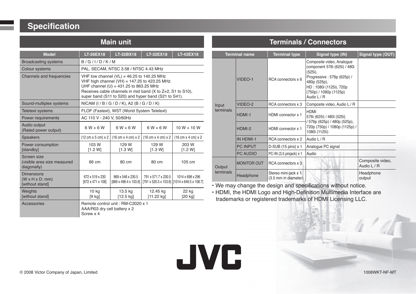 Specification, Specifi cation, Main unit terminals / connectors | JVC GGT0213-002A-H User Manual | Page 16 / 16