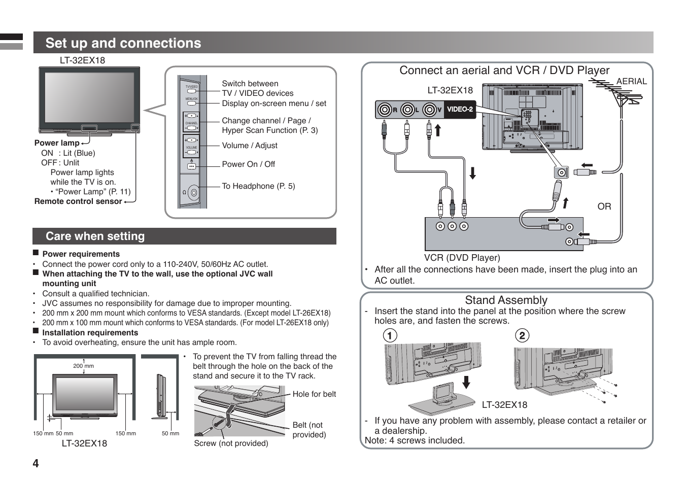 Set up and connections, Care when setting, Connect an aerial and vcr / dvd player | Stand assembly | JVC GGT0213-002A-H User Manual | Page 4 / 16