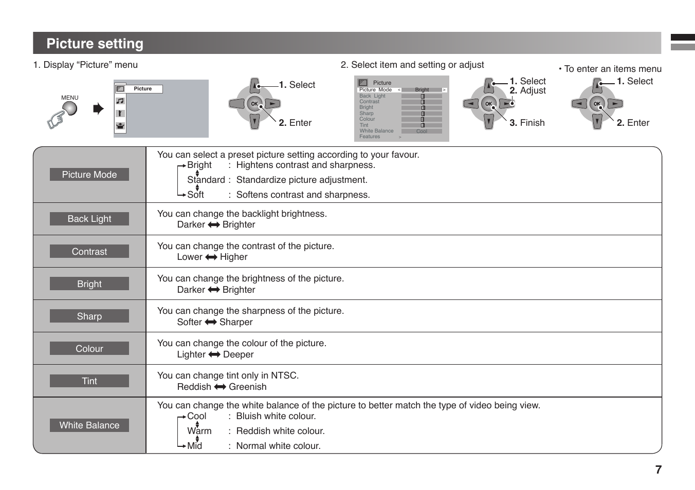 Picture setting | JVC GGT0213-002A-H User Manual | Page 7 / 16