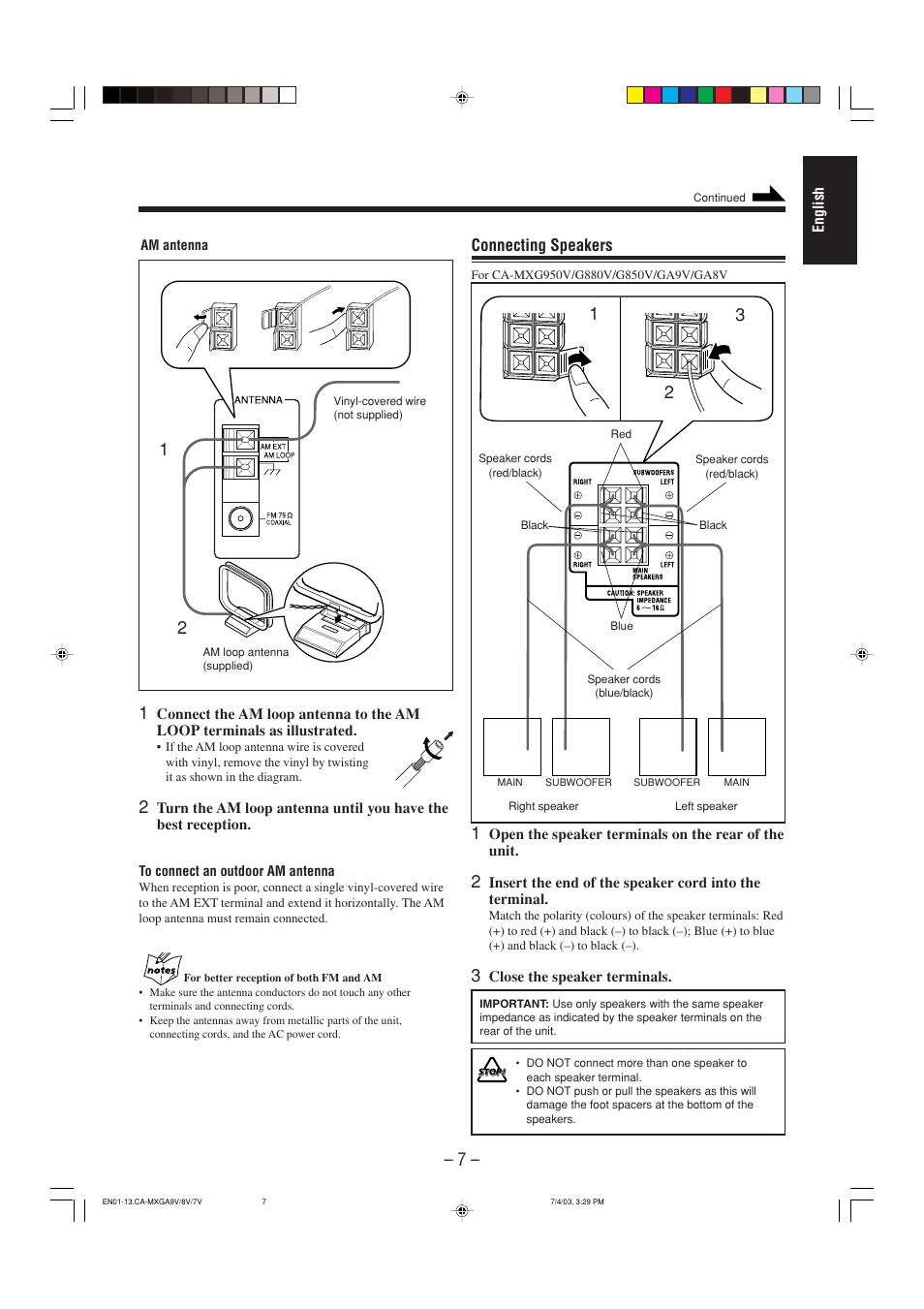 Connecting speakers | JVC CA-MXGA7V User Manual | Page 11 / 40