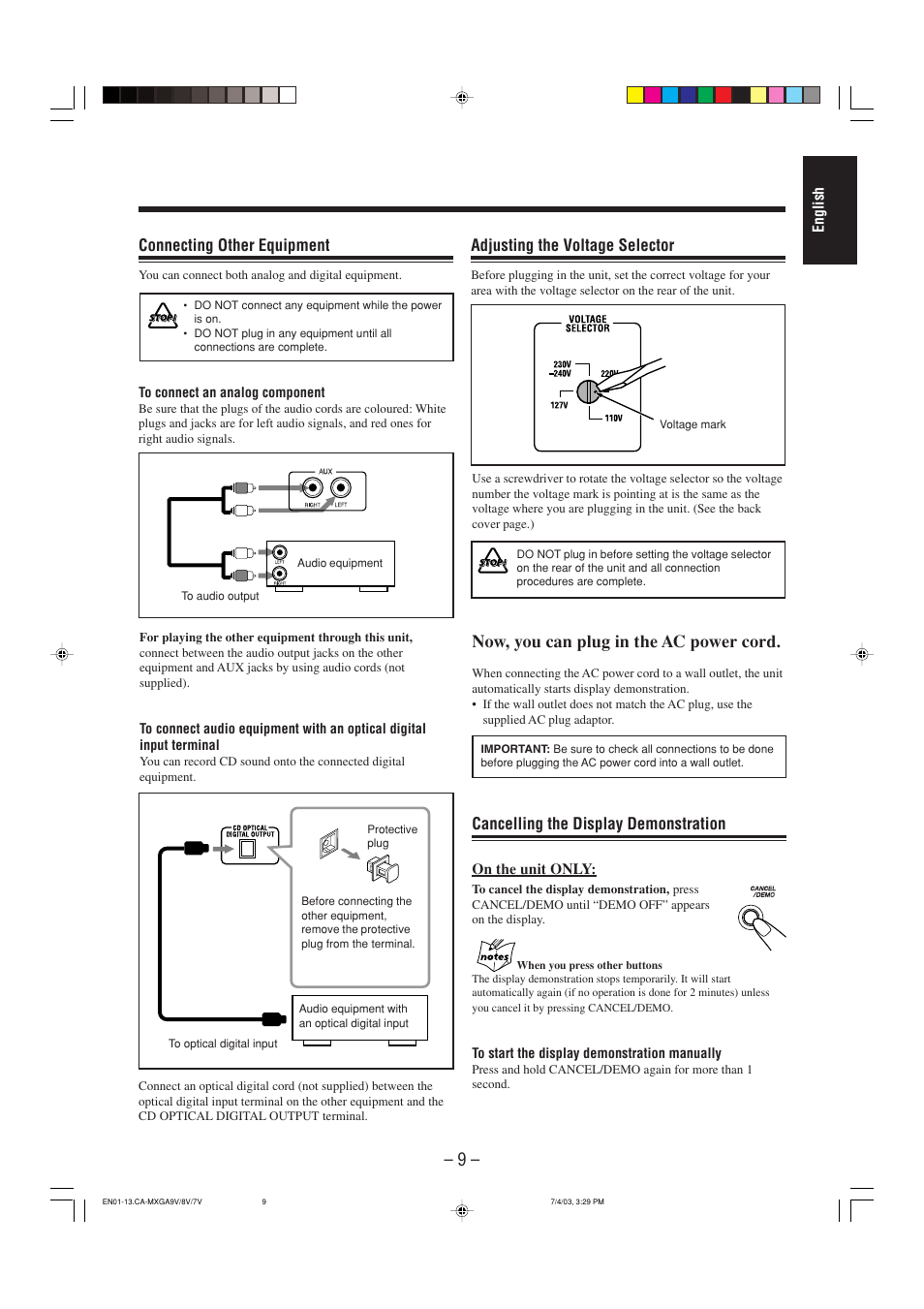 Now, you can plug in the ac power cord, Connecting other equipment, Cancelling the display demonstration | Adjusting the voltage selector | JVC CA-MXGA7V User Manual | Page 13 / 40