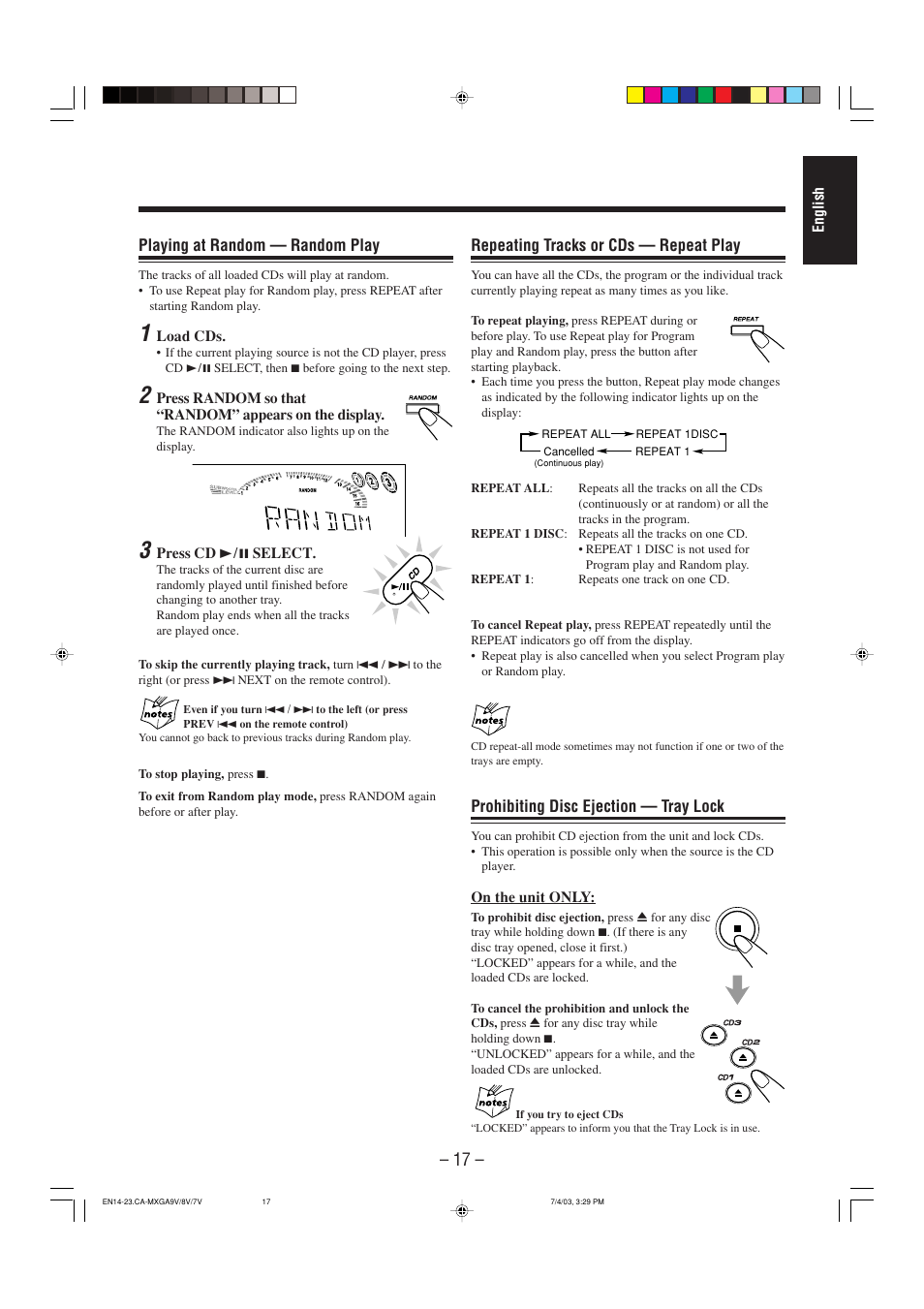 Playing at random — random play, Repeating tracks or cds — repeat play, Prohibiting disc ejection — tray lock | JVC CA-MXGA7V User Manual | Page 21 / 40