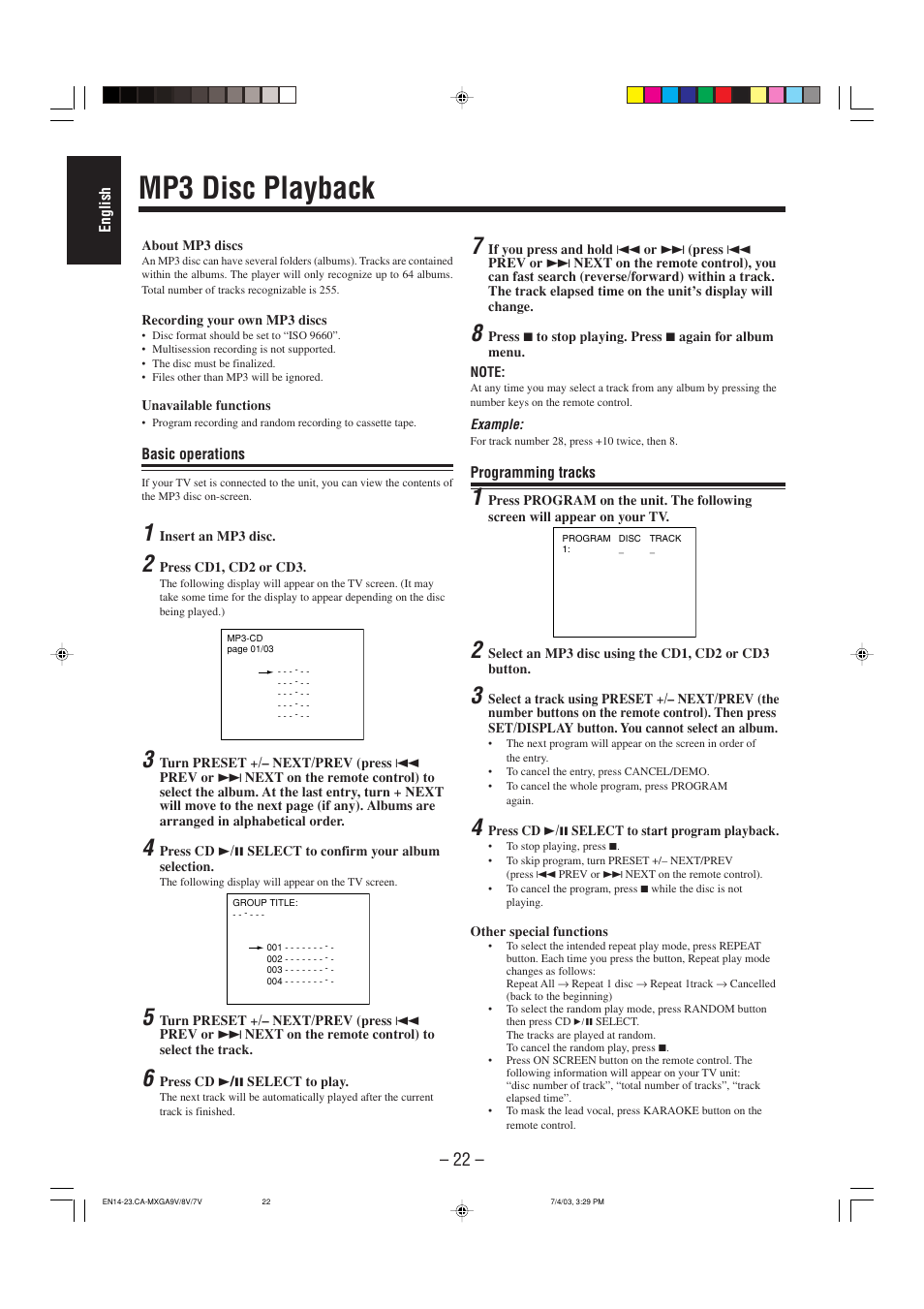 Mp3 disc playback | JVC CA-MXGA7V User Manual | Page 26 / 40