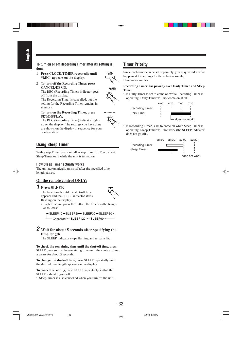 Timer priority, Using sleep timer | JVC CA-MXGA7V User Manual | Page 36 / 40