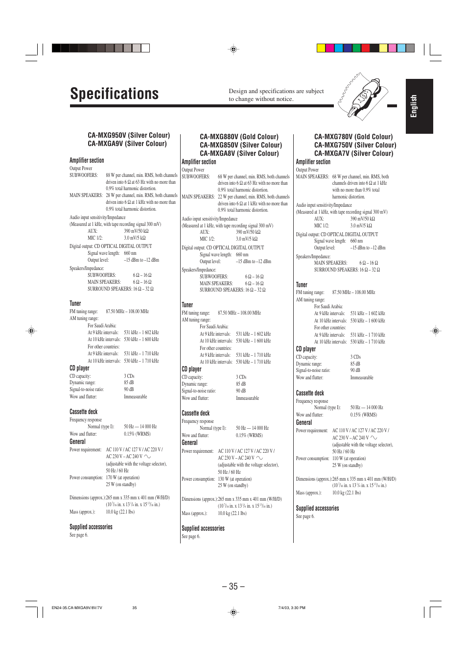 Specifications, English | JVC CA-MXGA7V User Manual | Page 39 / 40