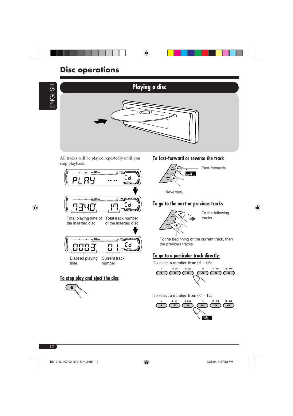 Disc operations, Playing a disc, English | JVC KD-G116 User Manual | Page 10 / 66